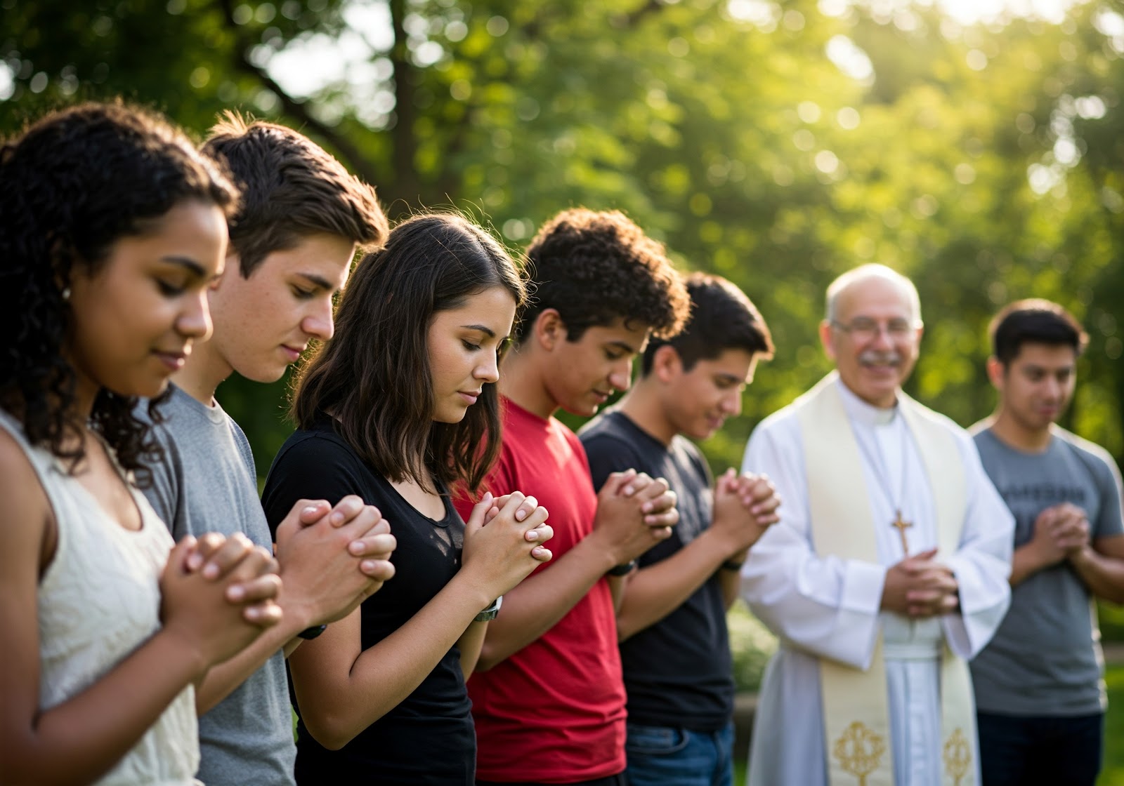 Jovens com as mãos dadas em oração, com o rosto de um sacerdote em segundo plano sorrindo, simbolizando a união e a fé da juventude com a Igreja.